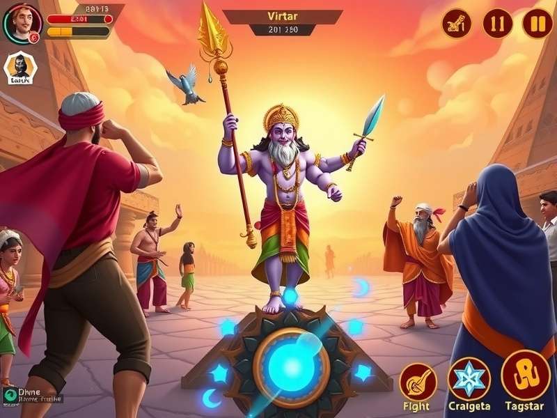 Divine Quest Realms gameplay screenshot showing Vishnu avatar battle